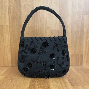 Vintage Franchi Black Beaded Mini Evening Bag – Y2K Floral Top Handle
